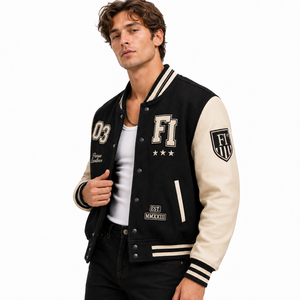 Blouson universitaire en cuir avec applique numérotée sur le devant, manches contrastantes à boutons-pression, logo personnalisé, blouson de baseball pour homme, style USA - Product Image 3