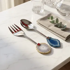 Ensemble cuillère-fourchette écologique le plus vendu, compatible lave-vaisselle, manche en résine, service à salade plaqué or, couverts en acier inoxydable Royal - Product Image 3