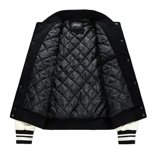 Veste de style universitaire bleu marine et crème pour homme, doublure matelassée, bordure côtelée rayée, fermeture à boutons pression, mode streetwear urbaine - Product Image 5
