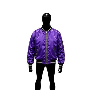 Chaqueta Varsity de Satén Morado Premium para Hombre y Mujer, Chaqueta Bomber Brillante Personalizada al por Mayor con Cuello Acanalado a Rayas Blancas y Negras - Product Image 1