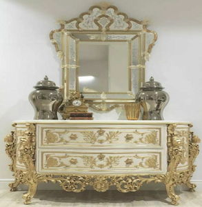 Royal <b>gold</b> hand carved wooden <b>console</b> <b>table</b> featuring an elaborate large arch mirror, available at wholesale prices. - Product Image 4