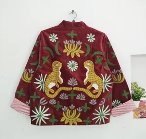 Ethnic Folk Art Suzani <b>Velvet</b> <b>Jacket</b> for <b>Women</b> Stand Collar Embroidered Bohemian Fashion Layering Piece For Winter - Product Image 5