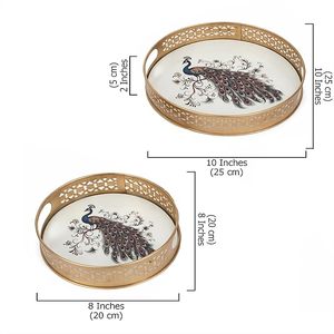 Juego de 2 bandejas de servir de hierro esmaltado con corte láser Pichwai Peacock, precio bajo, bandeja para flores - Product Image 2