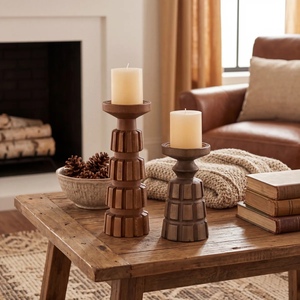 Ensemble de 2 porte-bougies en bois naturel, supports décoratifs modernes pour bougies, pour salon, chambre, table à manger, mariage, à bas prix - Product Image 2