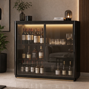 Luxury Modern Smoke Teak Solid Wood Plywood with Slider Doors Eco-Friendly Durable Wine Cabinet with <b>Lights</b> Freestanding Design - Product Image 3