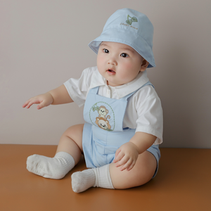 Conjunto de ropa de algodón boutique para niños, camiseta blanca, mono informal de manga corta azul con bordado de animales para verano/invierno - Product Image 2