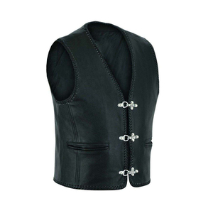 Gilet moto en cuir noir pour homme, col en V, fermeture à boutons-pression, couleur unie, vêtement d'extérieur d'hiver, coupe classique - Product Image 4