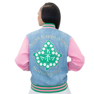 AKA 1908 Denim Bomber Jacket for Women Light Blue Pink Green Varsity Style Snap Button Jacket Premium Casual Outerwear - Product Image 3