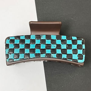 Pinza de Pelo Grande de Cuero Genuino Hecha a Mano de Primera Calidad, con Diseño a Cuadros en Turquesa y Negro, para Mujer - Product Image 5