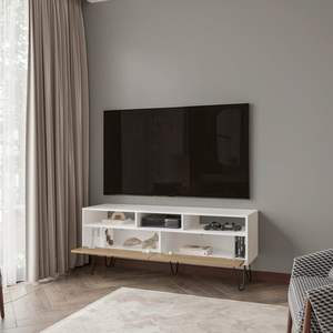 Bianco e naturale rovere TV Stand con 2 porte e Open Storage eleganti mobili per la casa - Product Image 2