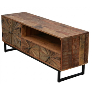 Meuble TV en bois massif recyclé fait main, réglable, unique, rayé, moderne, bas, multi-rangements, style ferme, pour la maison - Product Image 4