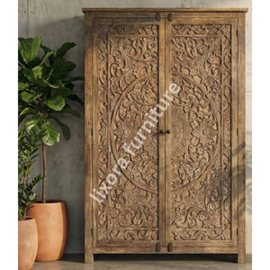 Luxury Handcrafted Solid Wood 2 Door <b>Wardrobe</b> Ornate Botanical Mandala Carving Natural - Product Image 4