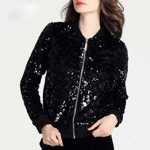 Chaqueta Bomber Negra con Lentejuelas para Mujer, con Cierre, para Fiestas, Ropa Exterior de Moda - Product Image 1