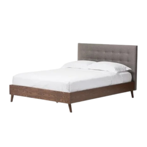 Lit en bois moderne de style mid-century avec tête de lit capitonnée en tissu, meubles de chambre à coucher, salle à manger - Product Image 1