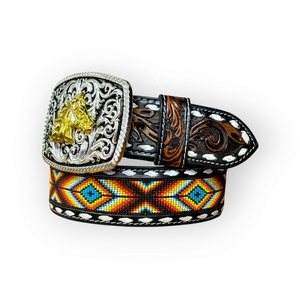 2025 nuevo diseño estilo occidental cinturón de cuero genuino con cuentas talladas a mano blanco Buck Stitch vaquero y Vaquera mayorista de moda - Product Image 1