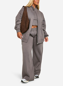 Unisex Plus Size Gray Eco-Friendly Polyester Tracksuit Set Full <b>Zip</b> <b>Hooded</b> Jacket Wide Leg Pants Casual Solid Loose Fit Winter - Product Image 2