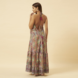 Robe longue d'été pour femme, style bohème, imprimé cachemire, dos nu, taille empire ample, en mousseline, pour la plage et les vacances, sans manches, ourlet superposé - Product Image 5