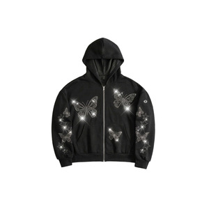 Sweat-shirts à capuche zippés en molleton de coton épais pour hommes, avec strass de luxe et motifs graphiques personnalisés, style Y2K, coupe oversize, streetwear en gros - Product Image 4