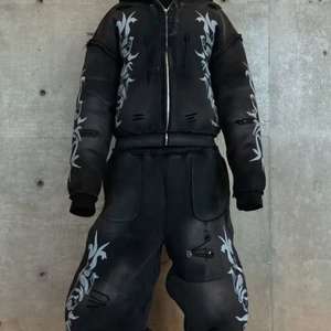 Ensembles de survêtements amples personnalisés pour hommes, comprenant un sweat à capuche et un pantalon de survêtement évasé imprimé, en coton délavé à l'acide, style streetwear - Product Image 1