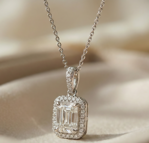 DEF Color VS VVS Clarity 1CT Lab Diamond Halo Engagement Cut Pendant Necklace 14K 18K Solid Gold Featuring Emerald and Round Cut - Product Image 3