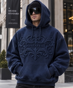 Sudadera con Capucha ONEAPEX para Hombre, Azul Oscuro, con Estampado en Relieve, Estilo Oversize, de Algodón Grueso, Informal - Product Image 2