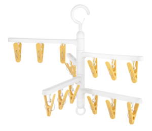 Séchoir à linge en plastique à quatre niveaux avec 16 pinces jaunes, type crochet, multifonctionnel pour buanderie, conception durable - Product Image 1