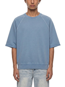 T-shirt Raglan Homme Col Rond Manches Courtes Coupe Oversize Décontracté Tricoté Uni Bleu Clair 100% Coton Jersey Anti-rétrécissement 220g - Product Image 4