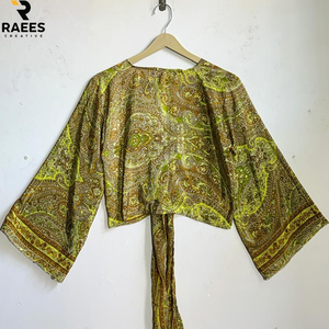 Haut de yoga croisé à nouer devant pour femme, manches longues, coupe courte, col en V, pour la gym, le ballet et le Pilates, vêtement de sport - Product Image 2