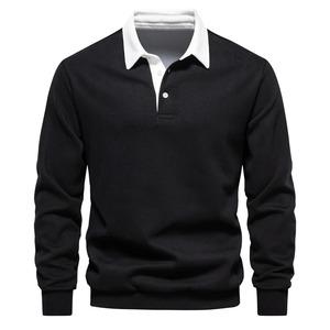 Camisa de Hombre de Manga Corta, Cuello Alto, Tejido a Rayas, Corte Regular, Diseño Casual, Color Negro y Beige, Patrón de Bloques de Color en Contraste, 100% - Product Image 6