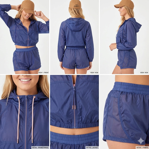Ensemble de vêtements de sport pour femmes, léger et personnalisé, haut court à capuche respirant et veste coupe-vent avec short - Product Image 5