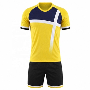 Ensemble d'uniformes de football respirants jaune et bleu 100 % polyester, maillot de football à col en V, chemise à manches courtes et short pour l'entraînement d'équipe - Product Image 1