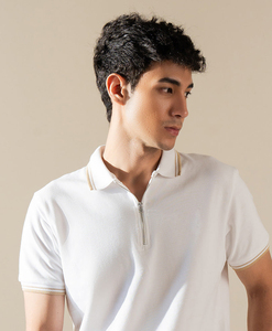 Polo de Algodón Blanco para Hombre, Manga Corta, Corte Ajustado, Color Sólido Informal, Tejido de Punto, Ribete en Contraste - Product Image 4