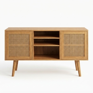 Rustic Wood Cabinet Rattan Door Storage <b>Sideboard</b> Balinese Handcrafted Buffet <b>Kitchen</b> Cupboard Home Furniture Display Item Tops - Product Image 1
