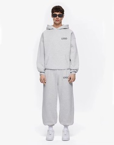 Survêtement unisexe gris en coton anti-plis léger, coupe ample longue, à capuche, couleur unie, tenue décontractée d'automne avec logo imprimé - Product Image 1