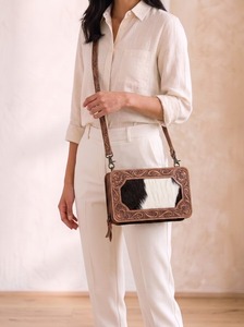 Western Embossed Animal Print Leather <b>Tassel</b> Crossbody Messenger Bag Cowhide Fur Insert Polyester Lightweight Classic Vintage - Product Image 4