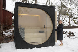 Cabina de Sauna Exterior en Forma de Cubo con Exterior Negro, Ventana Redonda Grande y <span class=keywords><strong>Chimenea</strong></span>, <span class=keywords><strong>Cabaña</strong></span> de Sauna para Jardín - Product Image 6