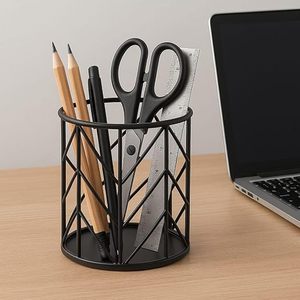 Round Metal Pen Holder with Geometric Wire Design <b>Large</b> Capacity <b>Black</b> Finish - Product Image 2