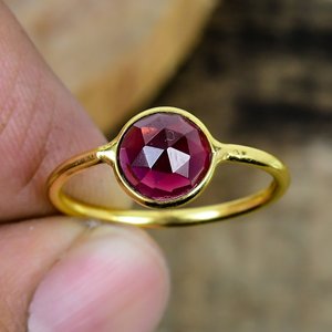 Handmade Red Garnet 5mm Round Gemstone Ring 18k Gold Micron Over 925 <b>Solid</b> Sterling <b>Silver</b> - Product Image 2