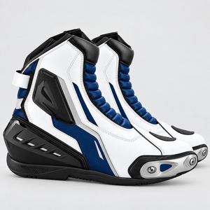 Bottes de moto en cuir blanc et bleu, haute tige, avec protection renforcée des orteils et du talon pour moto - Product Image 4