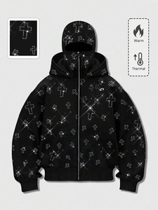 เสื้อฮู้ดดี้ผู้ชายไซส์ใหญ่พิเศษ สีดำ พิมพ์ลายกากเพชรรูปกากบาท ผ้าฝ้ายฟลีซ 100% ซิปแบบสวมใส่สบาย เหมาะสำหรับฤดูหนาว แขนเสื้อแบบปกติ - Product Image 1