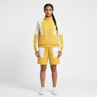 Ensemble de survêtement sportif 2 pièces pour femme, jaune et blanc, à blocs de couleur, avec short et haut à manches longues à col montant, en polyester respirant, Printemps-Été