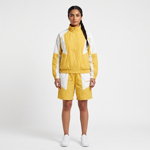 Ensemble de survêtement sportif 2 pièces pour femme, jaune et blanc, à blocs de couleur, avec short et haut à manches longues à col montant, en polyester respirant, Printemps-Été - Product Image 5