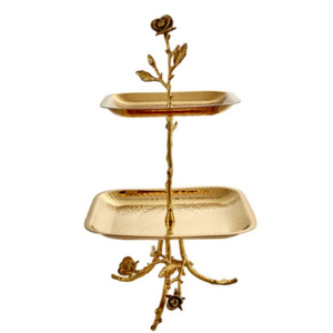 Support à gâteau décoratif à 2 niveaux en métal, élégant, rond, en acier inoxydable et en laiton, avec accent feuille d'or, pour la maison et l'hôtel - Product Image 2