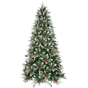 Albero di natale artificiale Premium 5ft 1113PE/PVC punte di rami misti rosso frutta pigna incernierata Base pieghevole per vacanza al coperto - Product Image 1