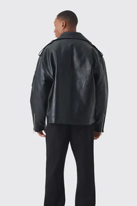 Men's Pebbled Grain Faux Genuine Leather Oversized <b>Biker</b> Moto <b>Jacket</b> Asymmetric Diagonal Zip Wide Lapel Snap Button Multi Pocket - Product Image 3
