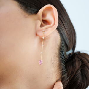Hot Selling Products New Design 14K Yellow Gold Carving Leaf Shape Pink Tourmaline & <b>Diamond</b> Long <b>Dangle</b> <b>Earrings</b> Dainty Jewelry - Product Image 6
