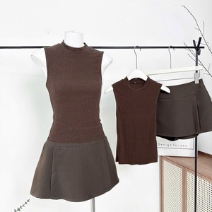 Ensemble débardeur côtelé à col roulé et mini-jupe trapèze au-dessus du genou pour femme, coupe décontractée unie en polyester/coton, toutes saisons - Product Image 2