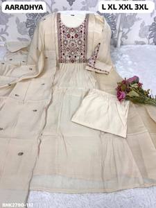 Anarkali Kurti de qualité supérieure en Chanderi avec broderie sur le col et les manches, pantalon uni assorti et dupatta tendance – Mode féminine - Product Image 4