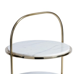 Luxurious Two-Tier <b>Cake</b> <b>Stand</b> Featuring White <b>Marble</b> Round Trays Sleek Gold Metal Frame And An Arching Handle, For Serving - Product Image 3