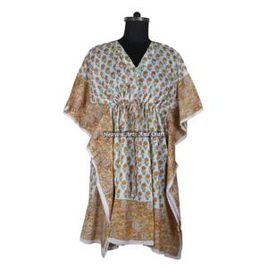 100% Cotton Women Sleepwear Hand Block Printed Kaftan Dress KFCS165 Light Weight Women Casual Occasion Wear Short Caftan Dress - Product Image 6